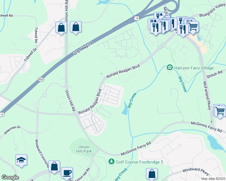 map of restaurants, bars, coffee shops, grocery stores, and more near 7165 Winthrop Road in Alpharetta