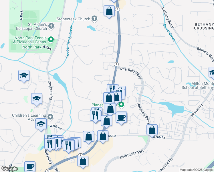 map of restaurants, bars, coffee shops, grocery stores, and more near 13236 Marrywood Court in Alpharetta