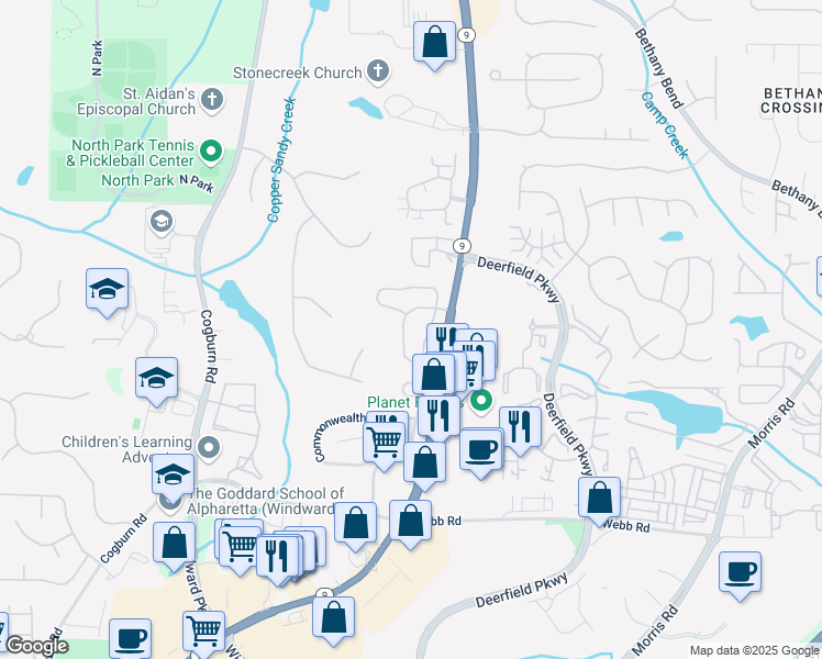 map of restaurants, bars, coffee shops, grocery stores, and more near 13283 Marrywood Drive in Alpharetta