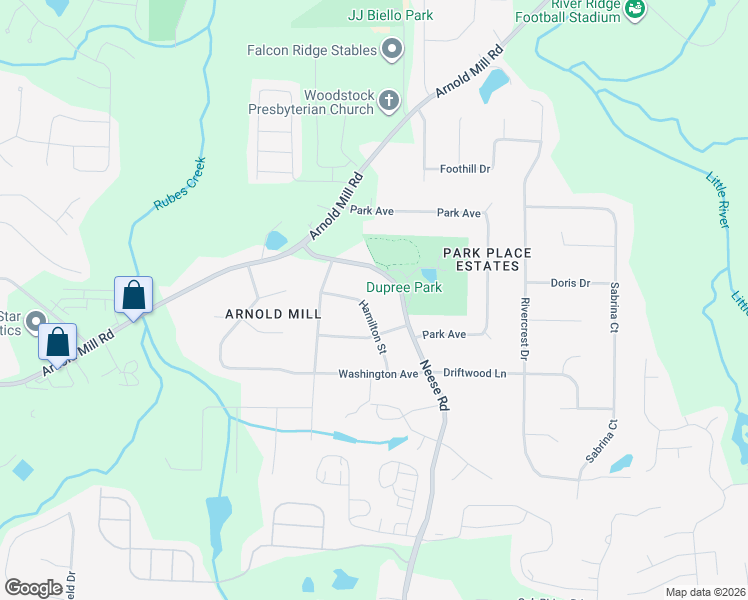 map of restaurants, bars, coffee shops, grocery stores, and more near 520 Neese Road in Woodstock