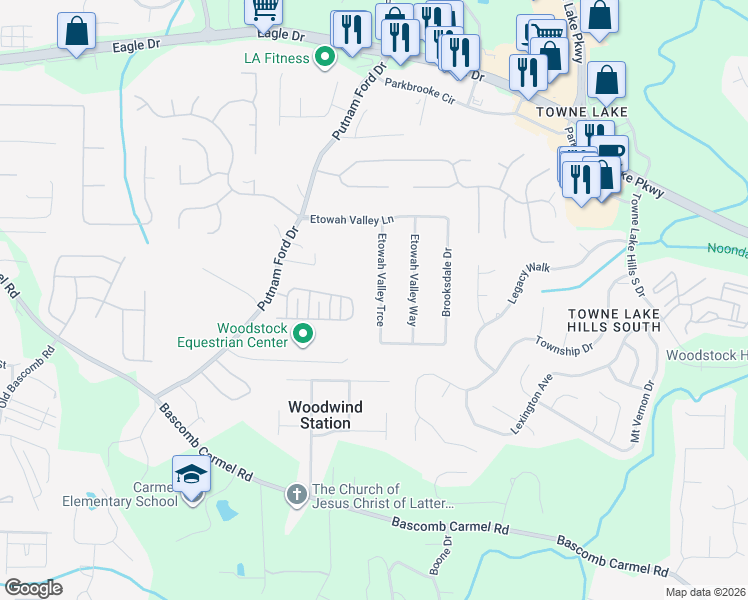 map of restaurants, bars, coffee shops, grocery stores, and more near 326 Etowah Valley Trce in Woodstock