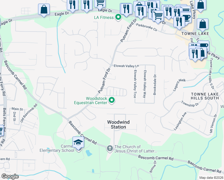 map of restaurants, bars, coffee shops, grocery stores, and more near 305 Kings Way in Woodstock