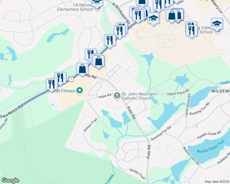 map of restaurants, bars, coffee shops, grocery stores, and more near 110 Heather Springs Road in Columbia