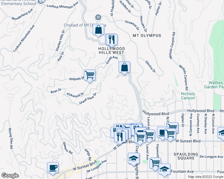 map of restaurants, bars, coffee shops, grocery stores, and more near 1919 North Crescent Heights Boulevard in Los Angeles