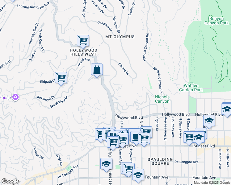 map of restaurants, bars, coffee shops, grocery stores, and more near 1730 Mount Olympus Drive in Los Angeles