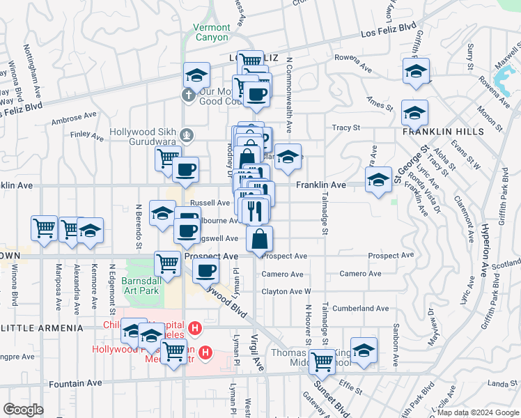 map of restaurants, bars, coffee shops, grocery stores, and more near 1816 Hillhurst Avenue in Los Angeles
