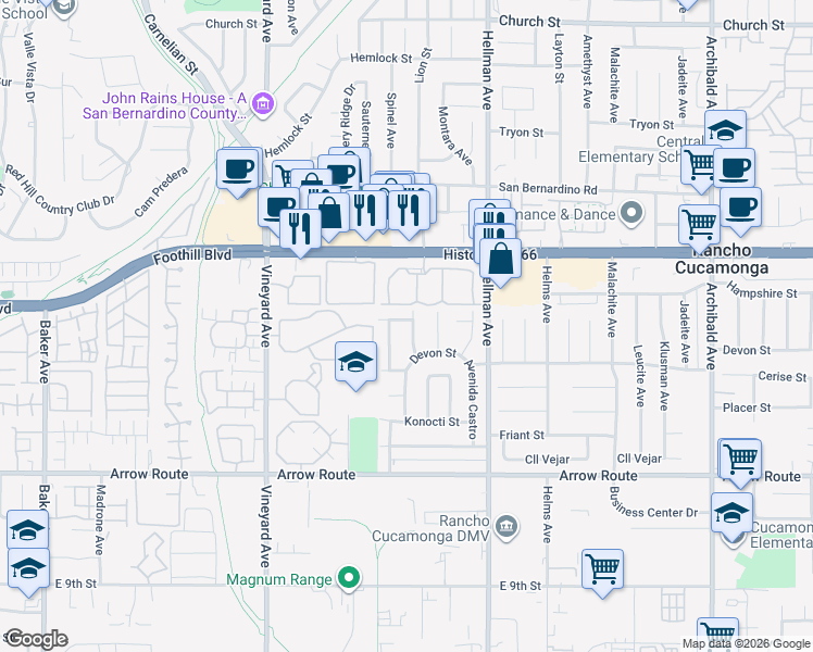 map of restaurants, bars, coffee shops, grocery stores, and more near 8243 Avenida Leon in Rancho Cucamonga