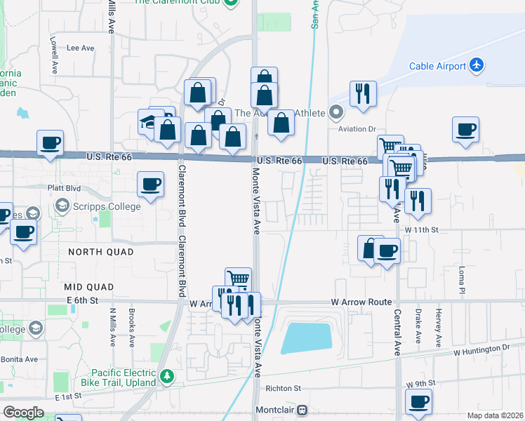 map of restaurants, bars, coffee shops, grocery stores, and more near 836 Parisa Place in Upland