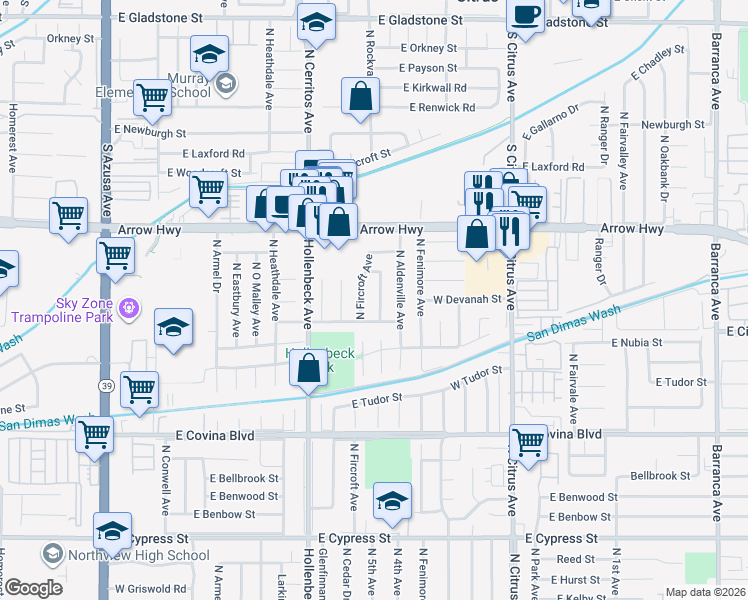 map of restaurants, bars, coffee shops, grocery stores, and more near 1340 North Albertson Avenue in Covina
