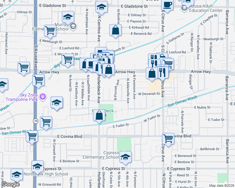 map of restaurants, bars, coffee shops, grocery stores, and more near 1349 North Fircroft Avenue in Covina