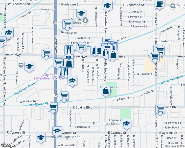 map of restaurants, bars, coffee shops, grocery stores, and more near 1347 North O Malley Avenue in Covina