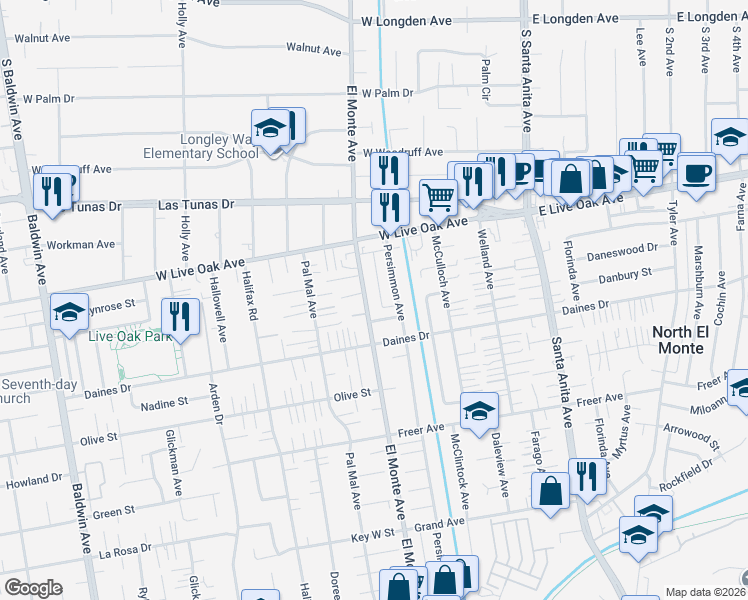 map of restaurants, bars, coffee shops, grocery stores, and more near 5557 El Monte Avenue in Temple City