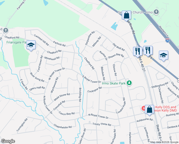 map of restaurants, bars, coffee shops, grocery stores, and more near 113 Chadford Court in Irmo