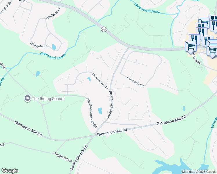 map of restaurants, bars, coffee shops, grocery stores, and more near 3218 Tuggle Ives Drive Northeast in Buford