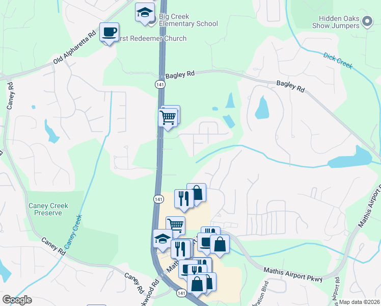 map of restaurants, bars, coffee shops, grocery stores, and more near 2580 Wentwood Court in Cumming