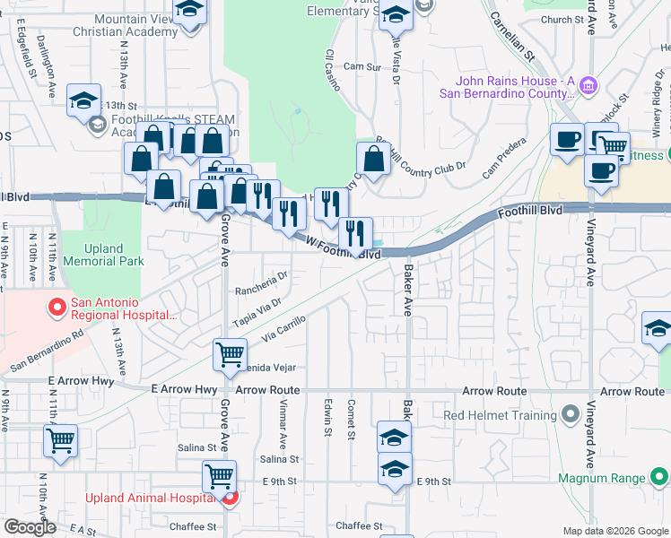 map of restaurants, bars, coffee shops, grocery stores, and more near 8333 Foothill Boulevard in Rancho Cucamonga