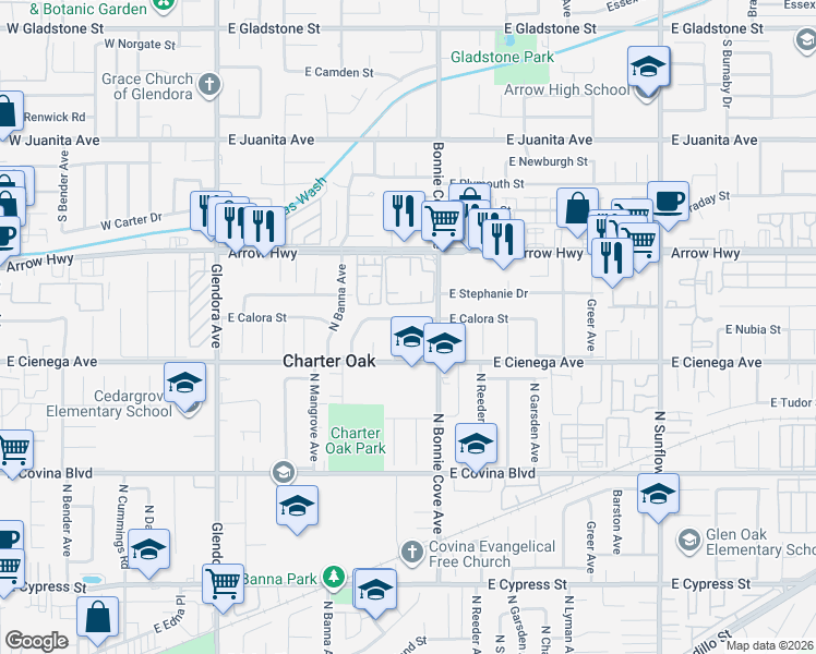 map of restaurants, bars, coffee shops, grocery stores, and more near 20352 East Calora Street in Covina