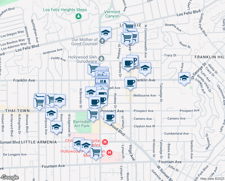 map of restaurants, bars, coffee shops, grocery stores, and more near 4608 Russell Avenue in Los Angeles