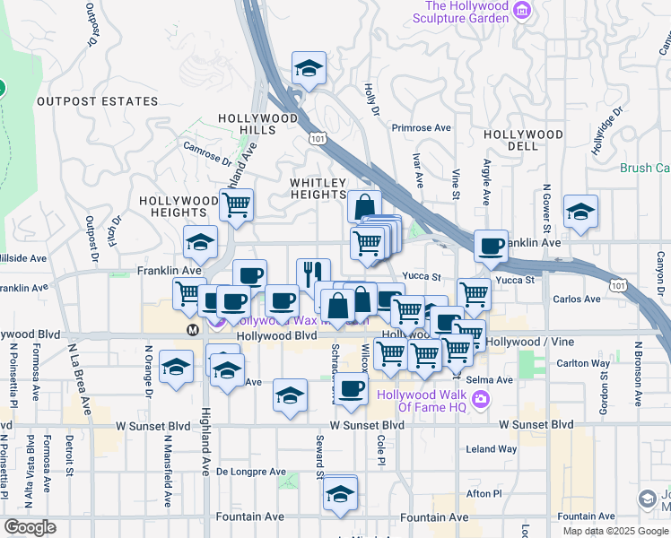 map of restaurants, bars, coffee shops, grocery stores, and more near 1800 Grace Avenue in Los Angeles