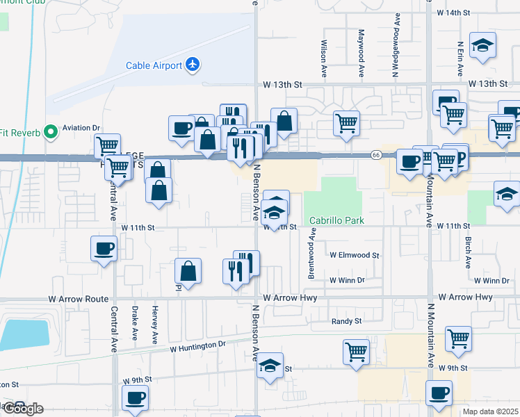 map of restaurants, bars, coffee shops, grocery stores, and more near 850 North Benson Avenue in Upland