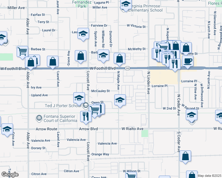 map of restaurants, bars, coffee shops, grocery stores, and more near 18252 McCauley Street in Fontana