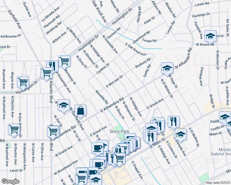 map of restaurants, bars, coffee shops, grocery stores, and more near 621 North Almansor Street in Alhambra