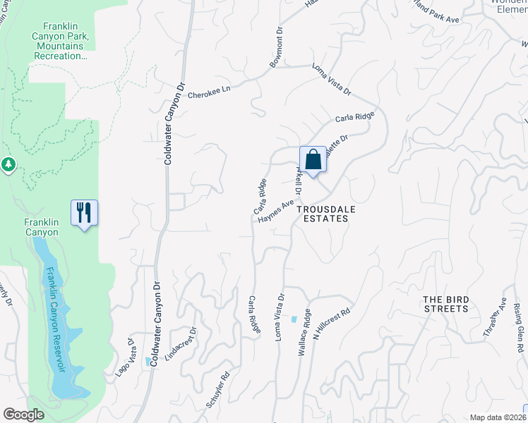 map of restaurants, bars, coffee shops, grocery stores, and more near 1610 Carla Ridge in Beverly Hills