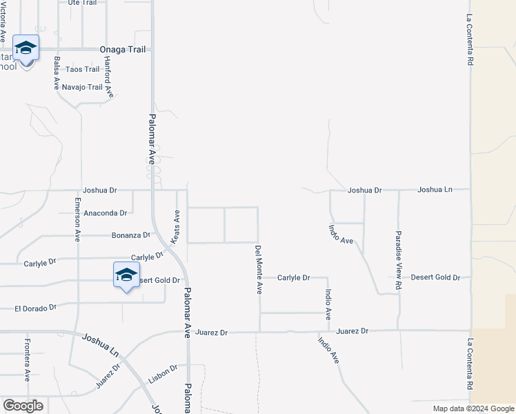 map of restaurants, bars, coffee shops, grocery stores, and more near Del Monte Avenue in Yucca Valley