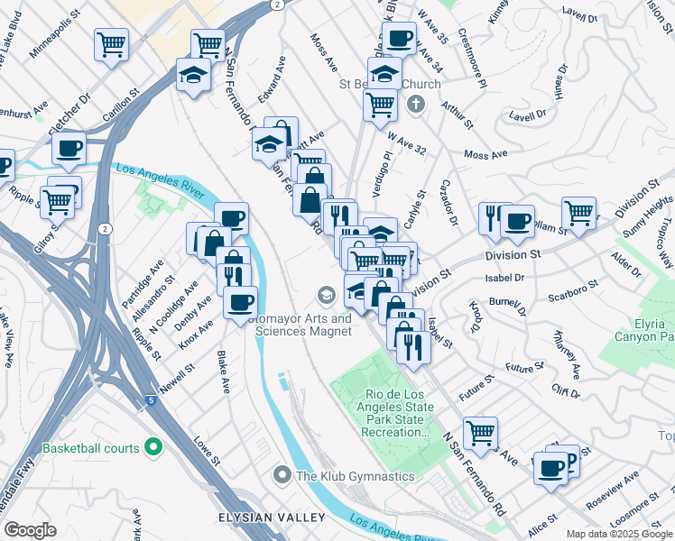 map of restaurants, bars, coffee shops, grocery stores, and more near 2244 North San Fernando Road in Los Angeles