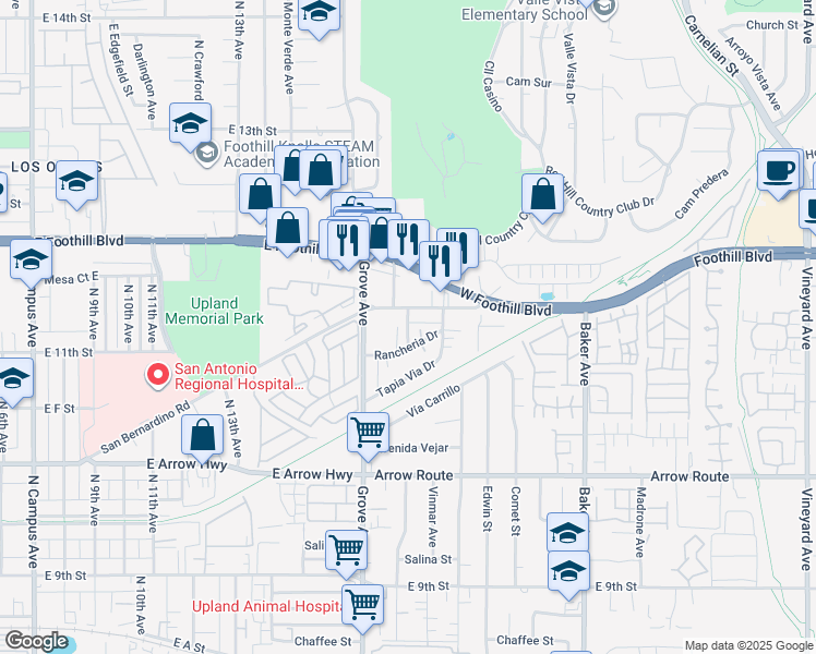 map of restaurants, bars, coffee shops, grocery stores, and more near 8249 Red Hill Country Club Drive in Rancho Cucamonga