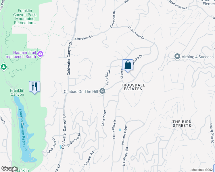 map of restaurants, bars, coffee shops, grocery stores, and more near 1610 Carla Ridge in Beverly Hills
