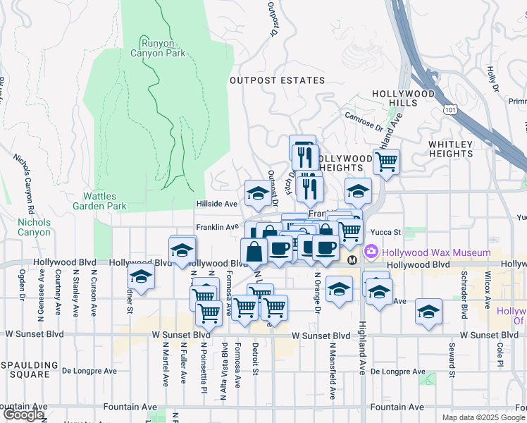 map of restaurants, bars, coffee shops, grocery stores, and more near 1800 El Cerrito Place in Los Angeles