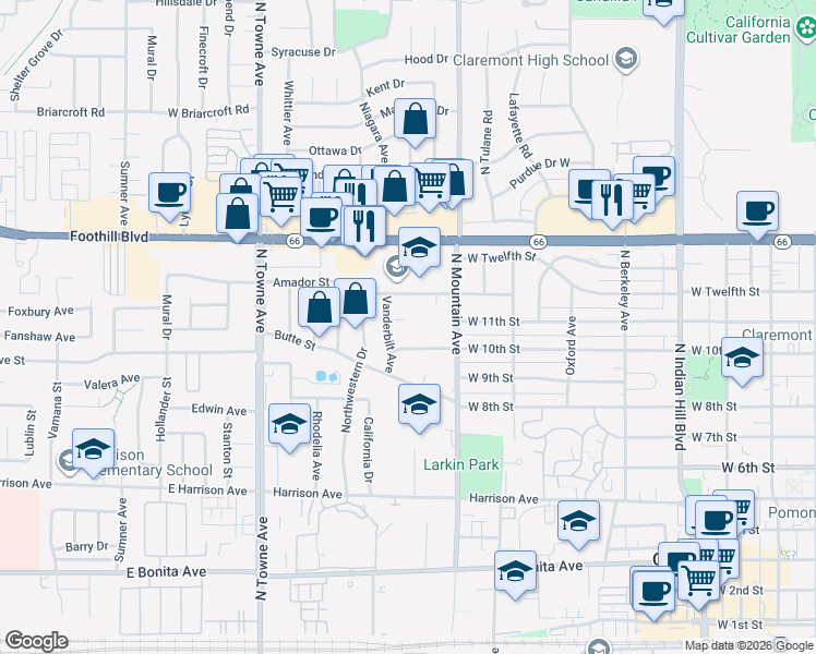 map of restaurants, bars, coffee shops, grocery stores, and more near 873 Delta Place in Claremont