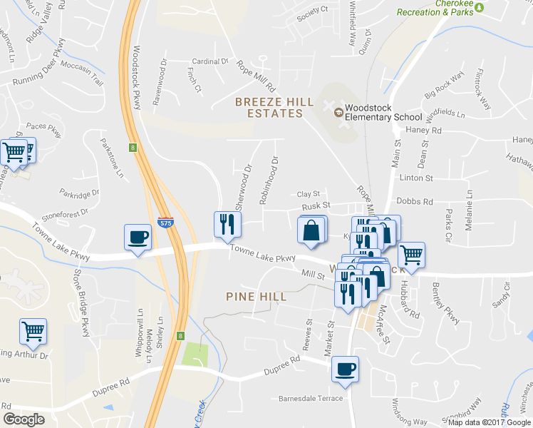 map of restaurants, bars, coffee shops, grocery stores, and more near 106 Robinhood Drive in Woodstock
