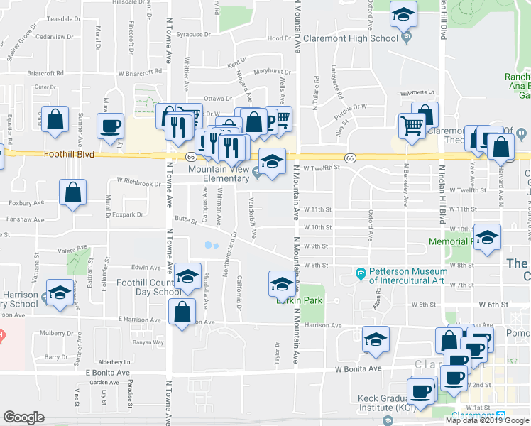 map of restaurants, bars, coffee shops, grocery stores, and more near 873 Delta Place in Claremont