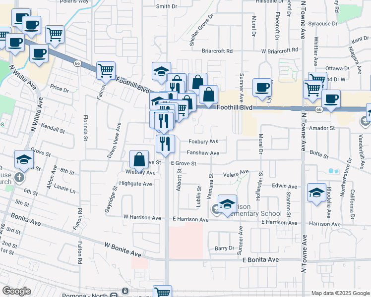 map of restaurants, bars, coffee shops, grocery stores, and more near 181 Fanshaw Avenue in Pomona