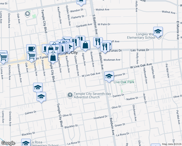 map of restaurants, bars, coffee shops, grocery stores, and more near 9923 Live Oak Avenue in Temple City
