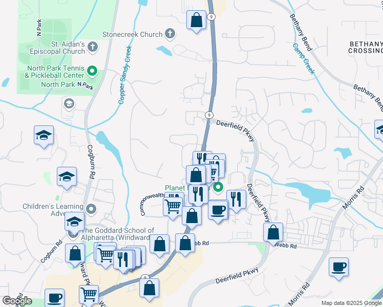 map of restaurants, bars, coffee shops, grocery stores, and more near 13236 Marrywood Court in Alpharetta