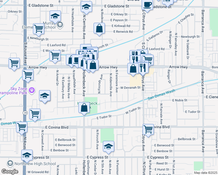 map of restaurants, bars, coffee shops, grocery stores, and more near 1357 North Aldenville Avenue in Covina