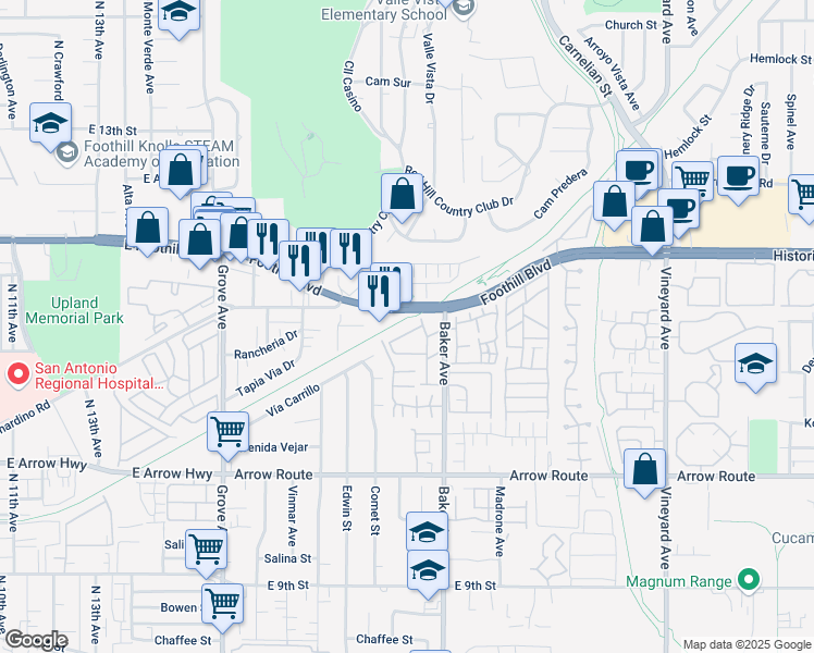 map of restaurants, bars, coffee shops, grocery stores, and more near 8449 Cedarwood Lane in Rancho Cucamonga