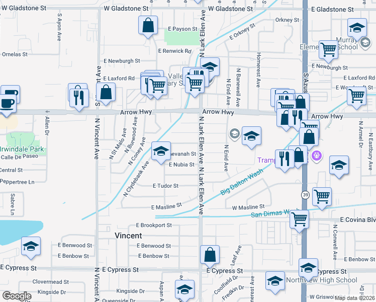 map of restaurants, bars, coffee shops, grocery stores, and more near 16831 East Devanah Street in Covina