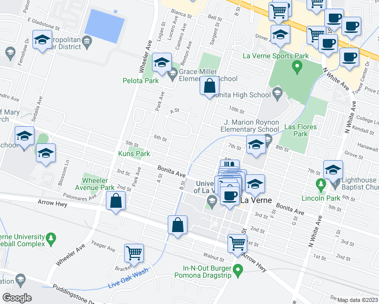 map of restaurants, bars, coffee shops, grocery stores, and more near 2527 B Street in La Verne