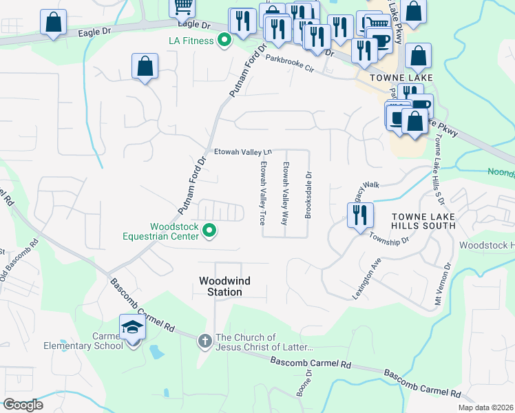 map of restaurants, bars, coffee shops, grocery stores, and more near 326 Etowah Valley Trce in Woodstock