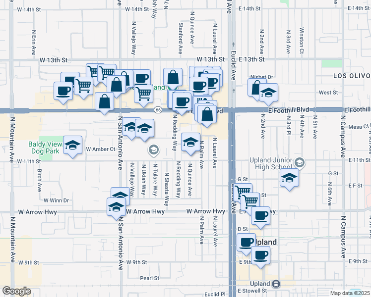 map of restaurants, bars, coffee shops, grocery stores, and more near 330 Amber Court in Upland