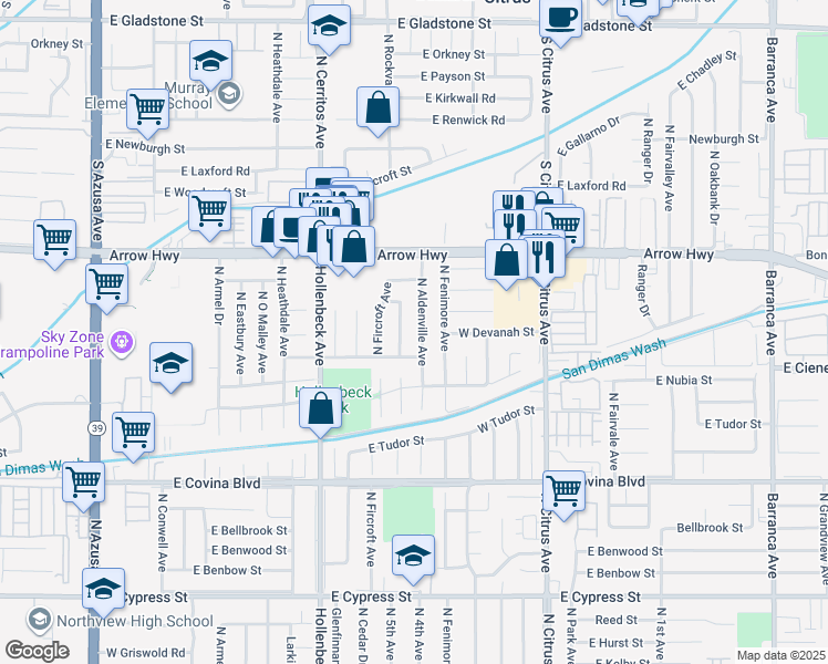 map of restaurants, bars, coffee shops, grocery stores, and more near 1357 North Aldenville Avenue in Covina