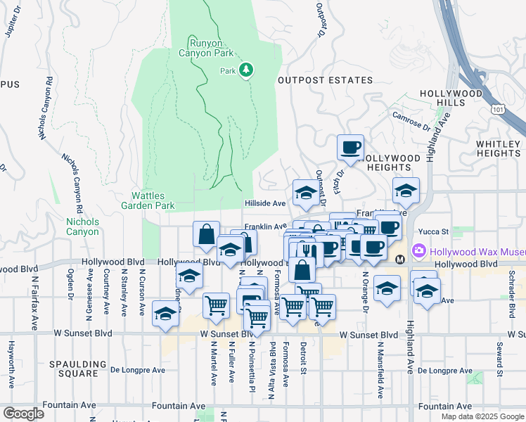 map of restaurants, bars, coffee shops, grocery stores, and more near 7244 Hillside Avenue in Los Angeles