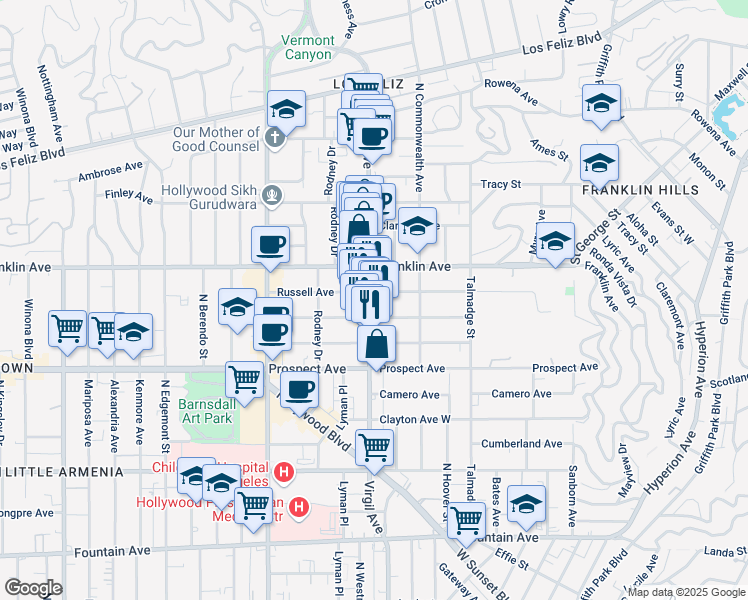 map of restaurants, bars, coffee shops, grocery stores, and more near 1802 1/2 Hillhurst Avenue in Los Angeles