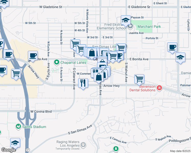 map of restaurants, bars, coffee shops, grocery stores, and more near 310 South Shirlmar Avenue in San Dimas