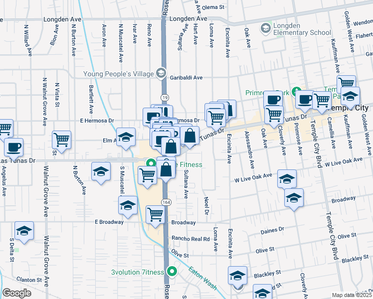 map of restaurants, bars, coffee shops, grocery stores, and more near Las Tunas Drive & Sultana Avenue in Temple City