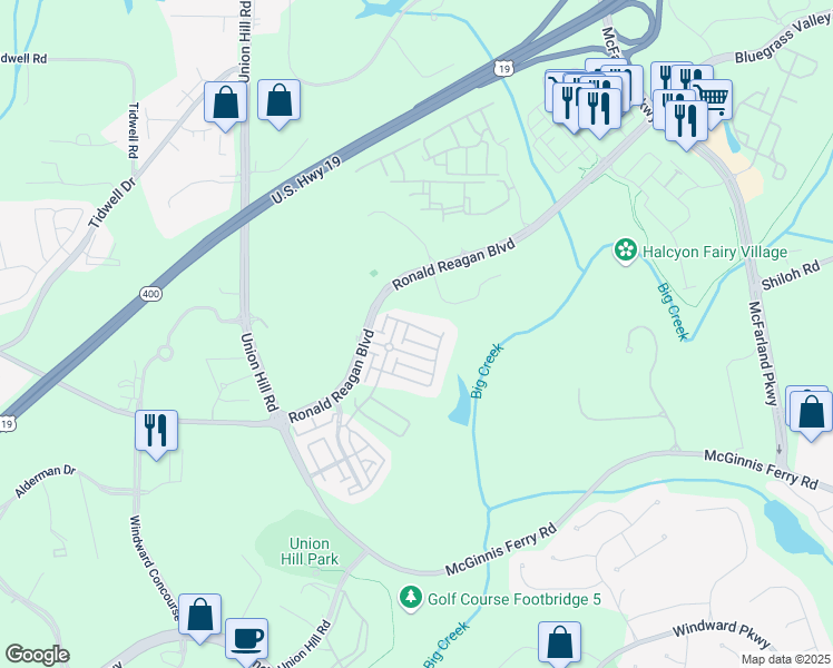 map of restaurants, bars, coffee shops, grocery stores, and more near 7165 Winthrop Road in Alpharetta
